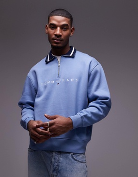 Tommy Jeans linear logo half zip sweatshirt in washed blue