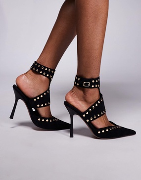 ASOS DESIGN Power suedette studded high heeled shoes in black suedette