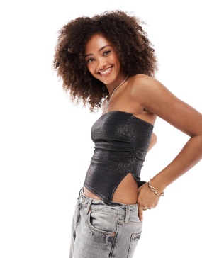 Bershka ruched side glitter bandeau top in black