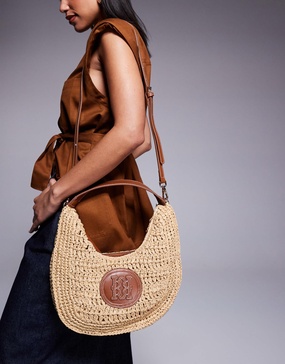 River Island scooped raffia shoulder bag in beige