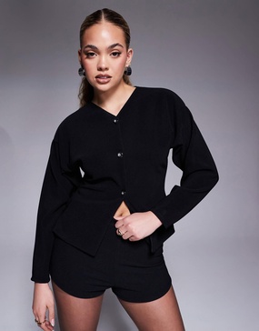 ASOS DESIGN ribbed balloon sleeve structured button up top in black - part of a set