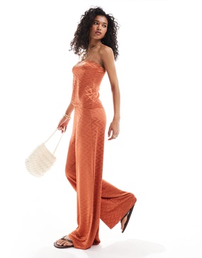 ASOS DESIGN plisse wide leg pants in rust - part of a set