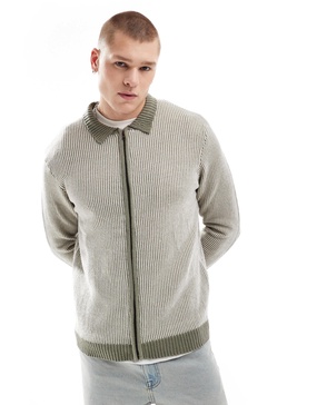 Another Influence textured pinstripe zip through cardigan in khaki