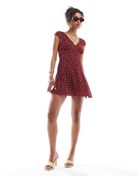 Bershka v-neck tie back mini dress in burgundy floral