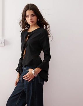 Miss Selfridge flared sleeve tie front long sleeve top