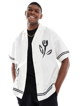 ADPT oversized camp collar shirt with flower placement print in white