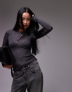 ARKET merino wool knitted semi sheer long sleeve top in dark gray