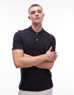 ARKET pique jersey short sleeve polo shirt in navy blue