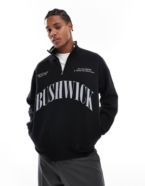 Bershka 1/4 zip printed sweatshirt in black