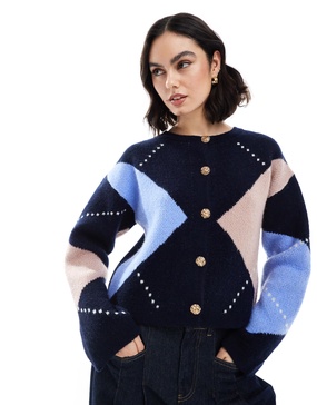 ASOS DESIGN knitted crew neck cardigan with gold button in navy argyle pattern