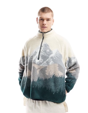 Cotton On boxy quarter zip fleece with mountains in bone