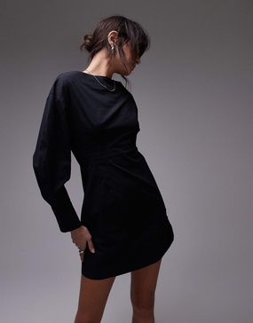 Topshop poplin barrel sleeve cinch dress in black