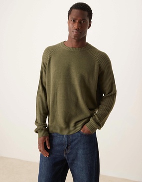 ASOS DESIGN oversized boxy fit knitted crew neck sweater with rib sleeves in khaki