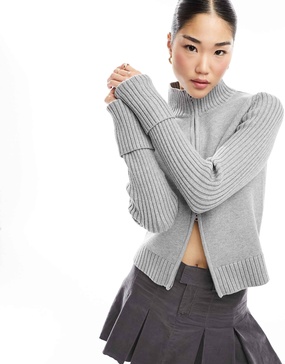 Weekday Winona high neck rib zip-through cardigan in Gray