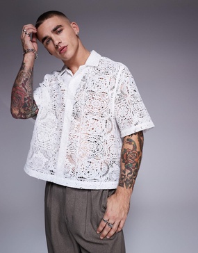 ASOS DESIGN premium boxy camp collar shirt in white lace
