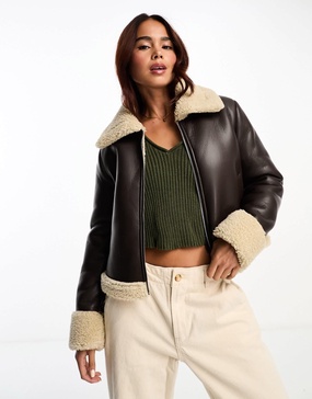 Brave Soul bonded aviator jacket with faux shearling in brown