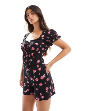 ASOS DESIGN spun lace trim corset waist romper in black floral print