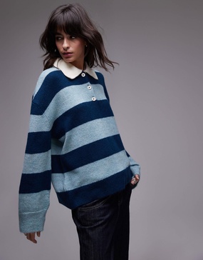 Topshop knitted polo top in navy blue