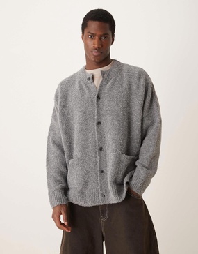 ASOS DESIGN super oversized boxy fit knit textured crew neck cardigan in heather gray with pockets