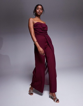 ASOS DESIGN bandeau chiffon bodice tailored pants jumpsuit in burgundy
