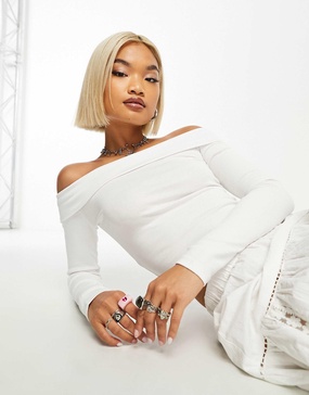 Bershka bardot soft touch long sleeve top in white - part of a set