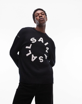 AllSaints Diageo logo distressed knit sweater in black