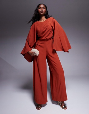 ASOS DESIGN cape detail wide leg jumpsuit with open back in deep rust