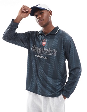 Bershka retro striped sports sweatshirt in navy blue