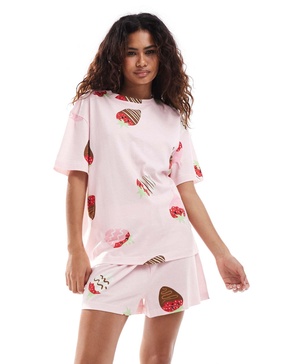 ASOS DESIGN chocolate strawberry oversized tee & shorts pajama set in pink