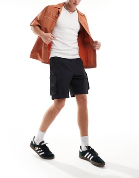 Bershka nylon cargo pocket shorts in black