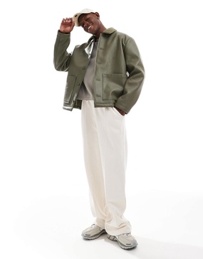 ASOS DESIGN faux leather oversized teddy lined worker jacket in green