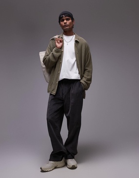 Topman mixed pattern crochet long sleeve polo with camp collar in khaki