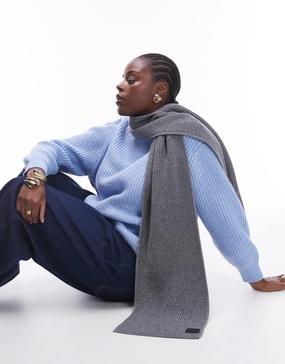 AllSaints ribbed leather logo scarf in heather gray