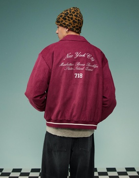 ASOS DESIGN oversized corduroy varsity jacket in burgundy