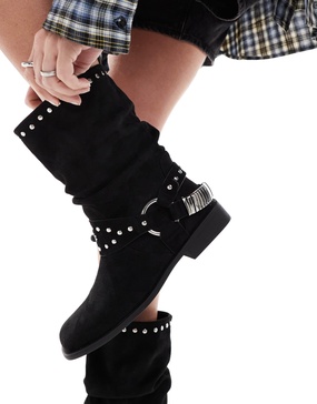 ASOS DESIGN Alara slouchy flat biker boots with hardware in black