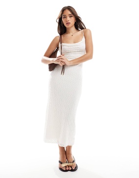 Bershka cowl neck lace overlay maxi dress in white