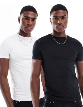 ASOS DESIGN essential 2 pack muscle fit t-shirts in black and white