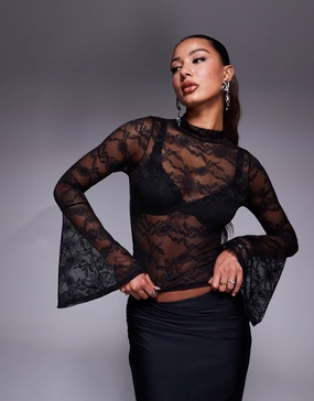 ASOS DESIGN fluted cuffs lace mock neck top in black