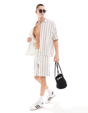 Bershka textured stripe shorts in white -set