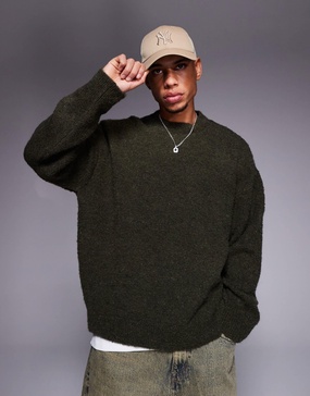 ASOS DESIGN oversized boxy fit textured knit crew neck sweater in olive