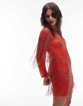 Topshop long sleeved chevron beaded fringe mini dress in orange