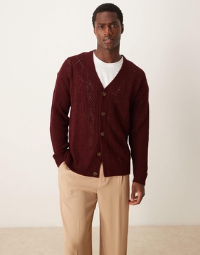 ASOS DESIGN relaxed knit cardigan with geometric pattern in burgundy