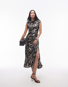 Topshop drape neck maxi dress in blurred mono floral