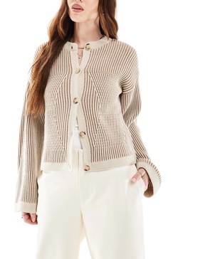 ASOS DESIGN crew neck cardigan with plated detail in neutral
