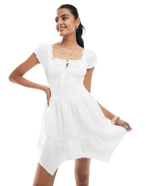 Bershka shirred milkmaid mini dress in ecru