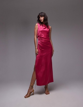 Topshop knot shoulder pintuck waist satin midi dress in pink