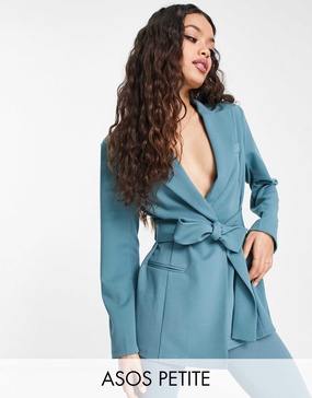 ASOS DESIGN Petite jersey belted suit blazer in teal