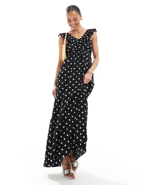 Brave Soul polka dot maxi dress with ruffle detail in black