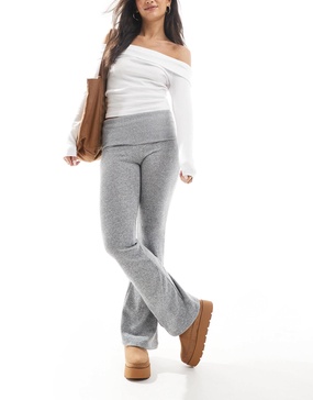 Bershka fold over waistband soft touch flared pants in gray