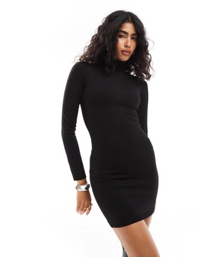 Bershka knit high neck dress in black